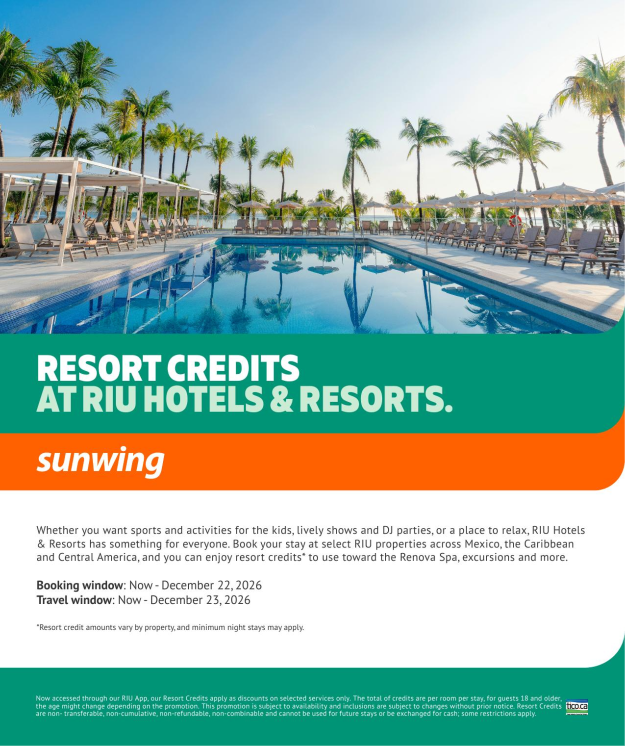 Sunwing Vacations Promotion Hotel credits with Riu Hotels with Voyages Aqua Terra Sunwing Vacations Promotion Hotel credits with Riu Hotels with Voyages Aqua Terra