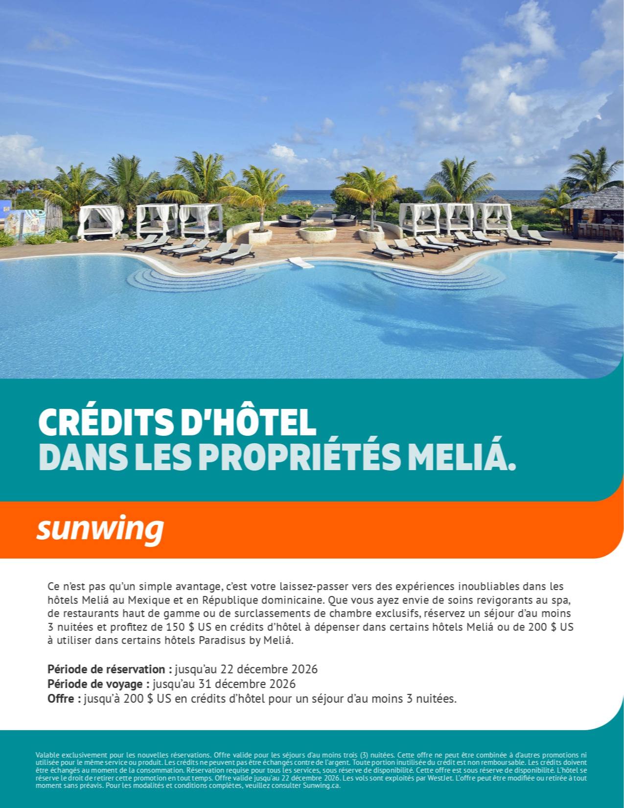 Promotion Vacances Sunwing Credits d’hôtel dans les propriétés Melia avec Voyages Aqua Terra Promotion Vacances Sunwing Credits d’hôtel dans les propriétés Melia avec Voyages Aqua Terra