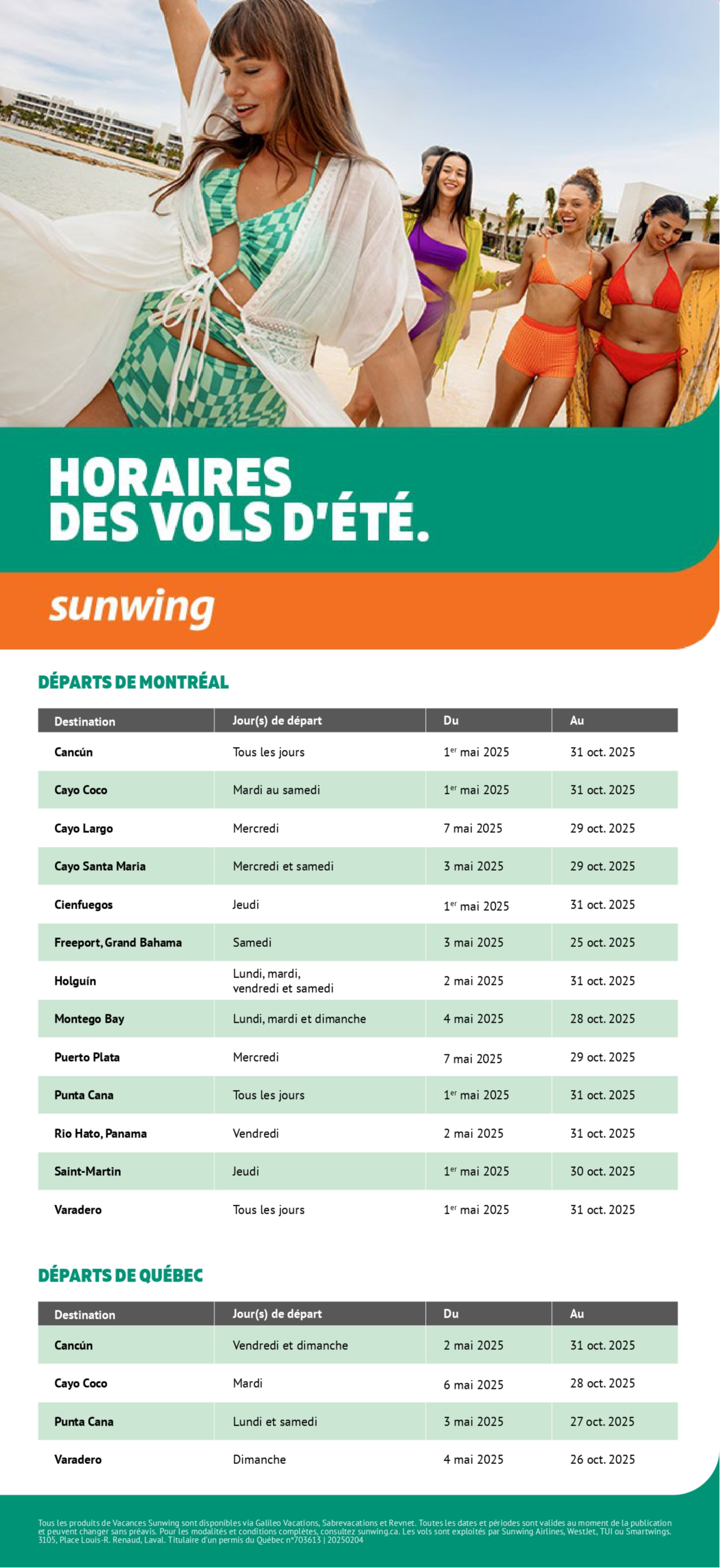 Horaires des vols d'été Vacances Sunwing avec Voyages Aqua Terra