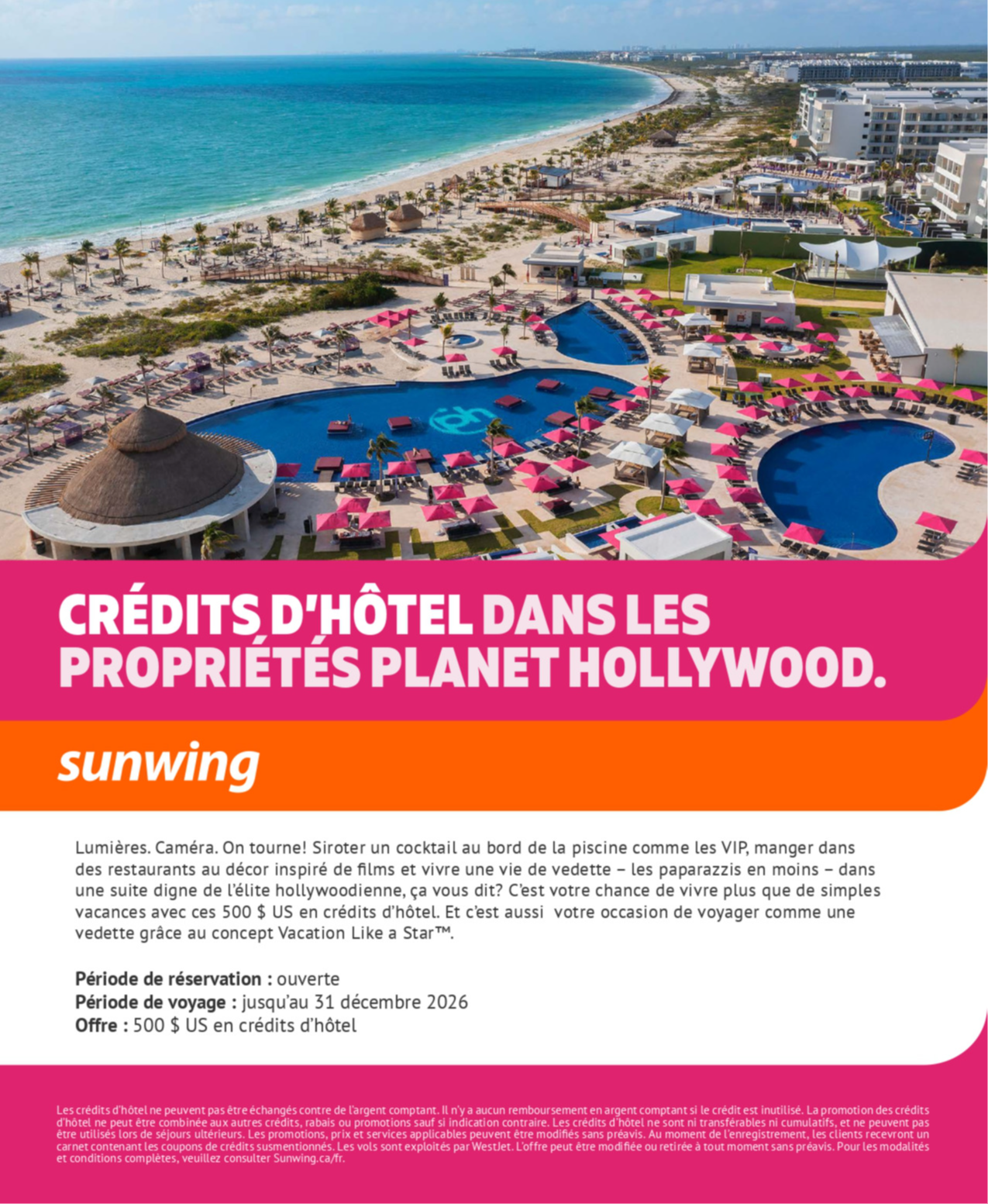 Promotion Vacances Sunwing Credits d’hôtel dans les propriétés Planet Hollywood Resorts avec Voyages Aqua Terra Promotion Vacances Sunwing Credits d’hôtel dans les propriétés Planet Hollywood Resorts avec Voyages Aqua Terra