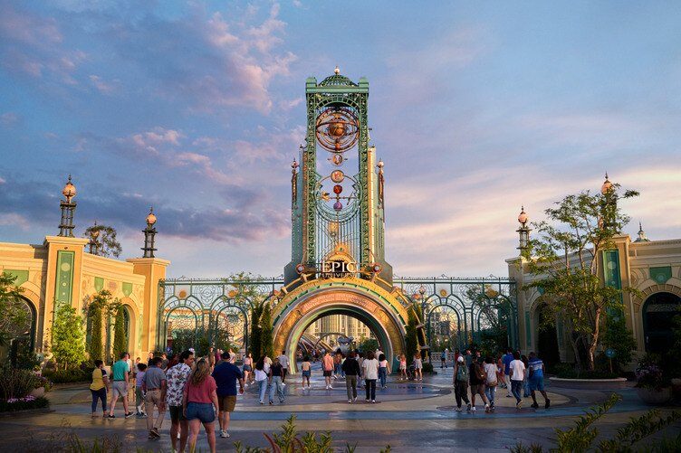 The Universal Epic Universe portal at dusk