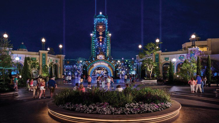 The entrance portal of Universal Epic Universe lit at night