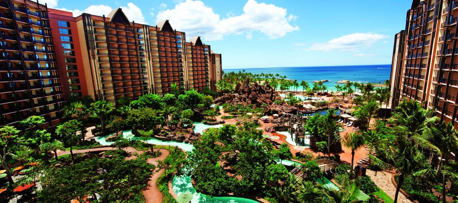 Aerial view of Waikolohe Valley and its pools at the heart of Aulani